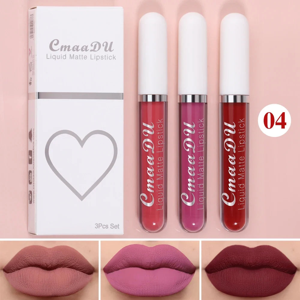 3 Pcs Matte Lipstick Lip Gloss Sets Long-Lasting Non-Fading Waterproof Non-stick Cup Exquisite Gift Everyday Holiday Universal