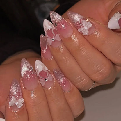 24pcs Sweet False Nail Patches Detachable Fake Nail Tips With Bowknots Love Heart Pearl Design Pink Almond Korean Press On Nail