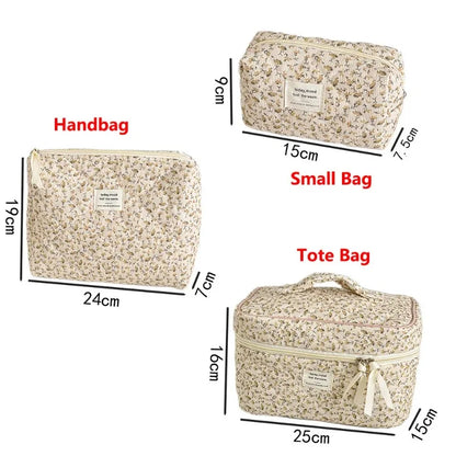 Retro Women's Floral Print Cosmetic Bag Handbag Travel Organizer Cosmetic Storage Bag Large Capacity Quilted Bag Three-piece Set
