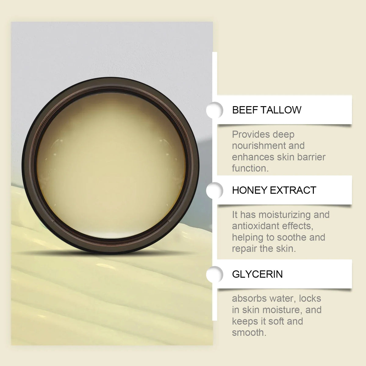 Whipped Beef Tallow and Honey Balm Skin Face Moisturizer Fast Absorption Grass Fed Grass Finished Organic Face Cream Body Lotion