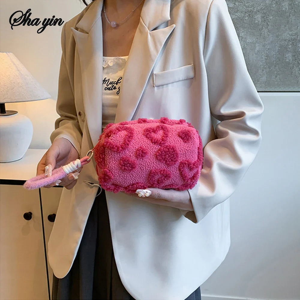 Plush Makeup Bags with Handle Soft Travel Cosmetic Storage Bag Portable Love Print Organizer Pencil Case Cute Clutch Pouch