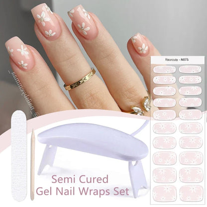 Harunouta 4pcs/set Gradient Jelly Semi Cured Gel Nail Strips with Nail Lamp Nude Pink Waterproof Nail Stickers Long Lasting Wrap