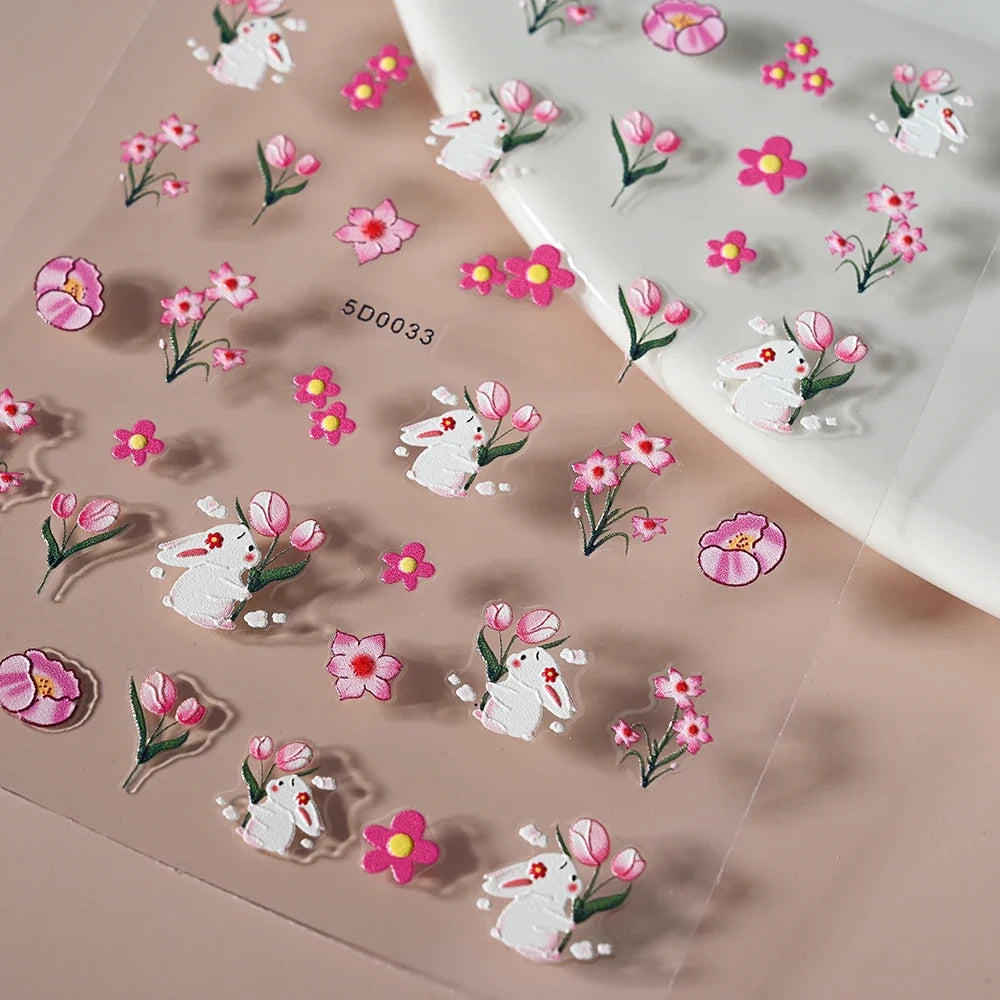 1Pcs 5D Lovely Panda Nail Stickers Cartoon Rabbit/Flower/Animal Self Adhesive Nail Art Decals Y2K Manicure Decorations Sliders *