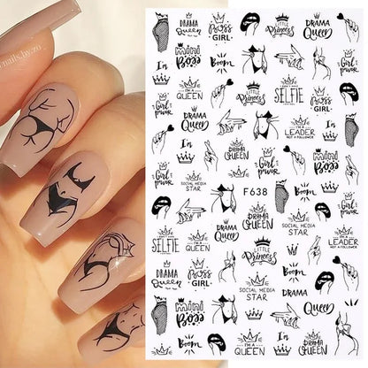 Nail Art Stickers Woman Girl Sexy Sticker Body Press on Nail Slider Black White Decal Decoration Nail Design Accessories Wraps
