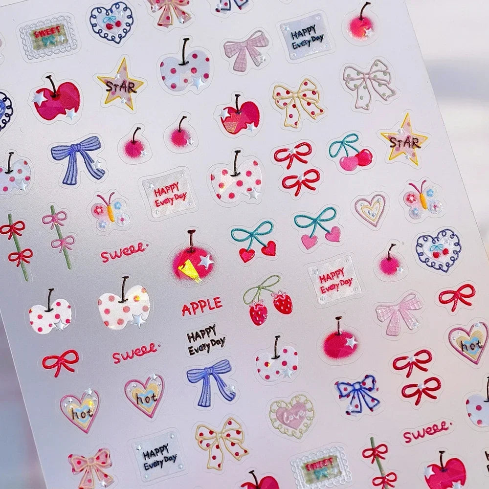 Cute Juicy Red Cherry Bowknot 5D Nail Art Stickers Lovely Shiny Crystal Rhinestone Self Adhesive Decoration Manicure Decal DIY