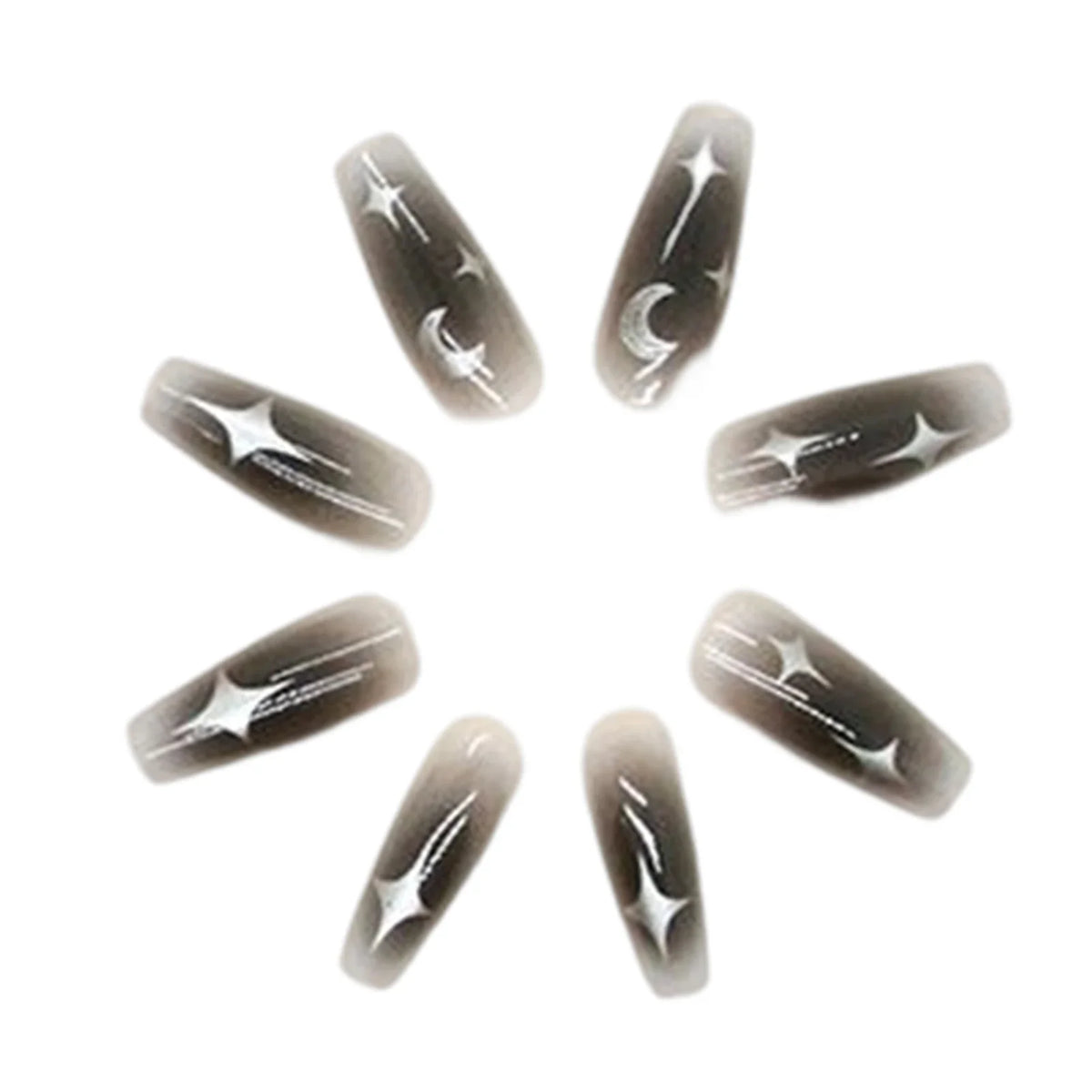 24pcs Y2k Star Press On Nails Gradient Black Mid-length Coffin False Nail Tips Full Cover Moon Designs Fake Nail For Cool Girls