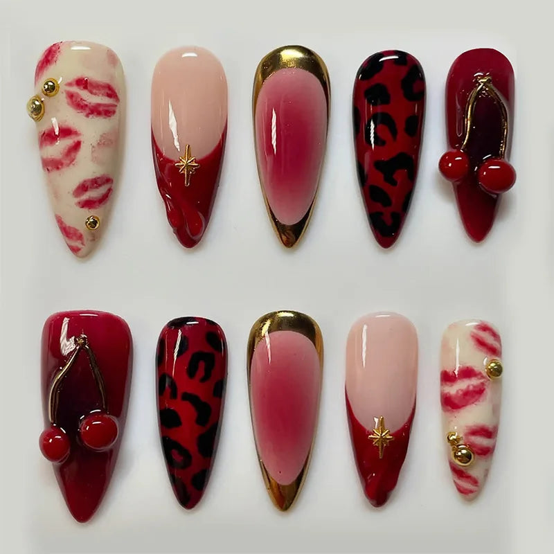 24PCS Wine Red Almond Press on Nails Cartoon Rabbit Bowknot with Plaid Pearl Designs French Fake Nails for Girls Detachable Nail