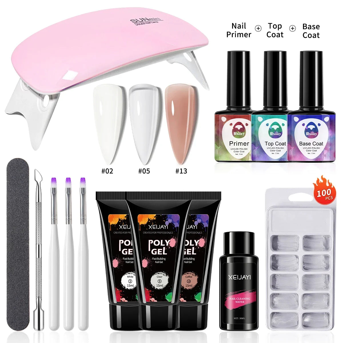 3pcs 15ml Poly Nail Gel Full Set For Extention Gel Polish Steal Push, Base And Top Coat, Cleaning Water And Nail Mold Kit Set