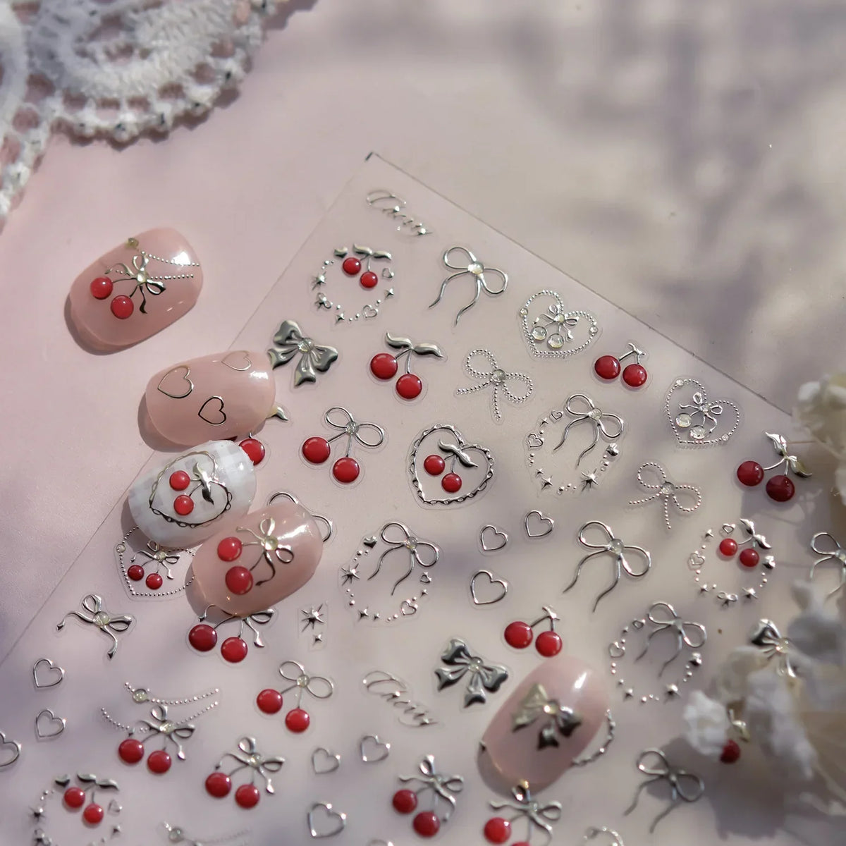 Cute Juicy Red Cherry Bowknot 5D Nail Art Stickers Lovely Shiny Crystal Rhinestone Self Adhesive Decoration Manicure Decal DIY