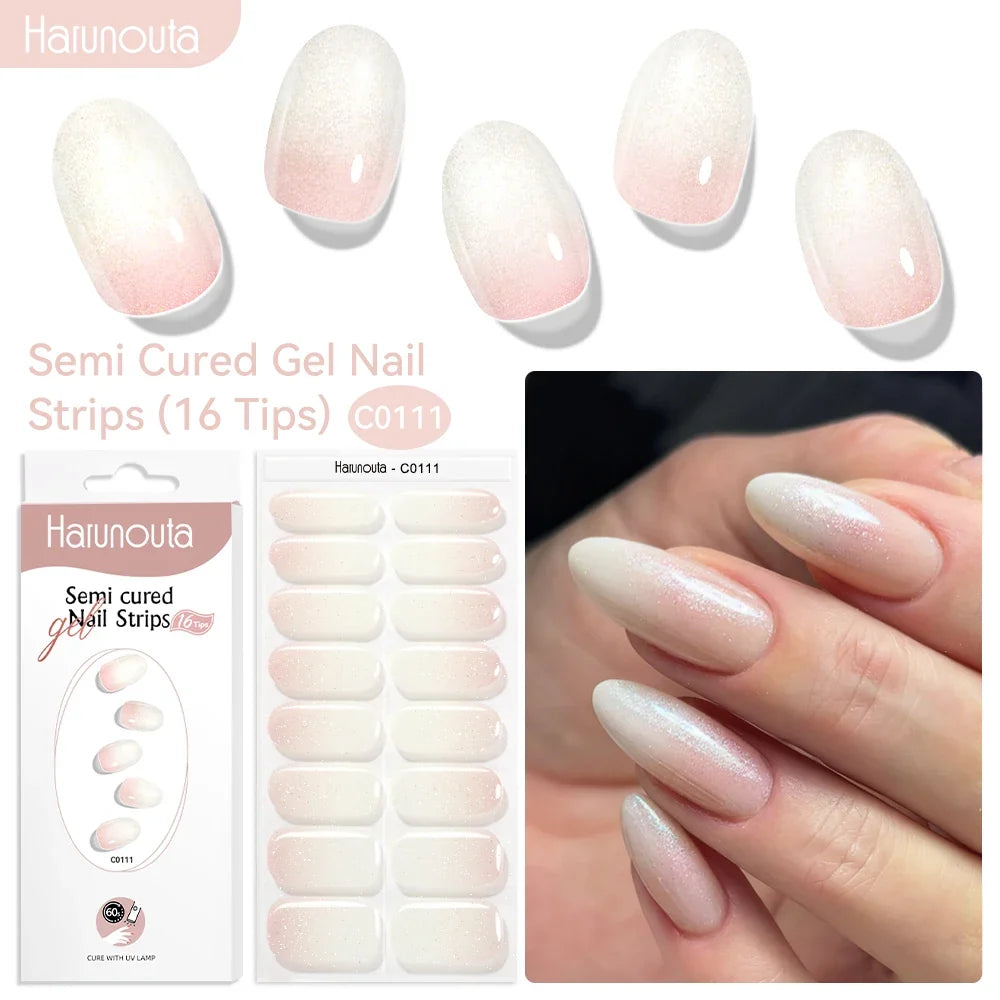 Harunouta 16strips Gradient Red Marble Gold Line Semi Cured Gel Nail Strips DIY Gel Polish Stickers for Nails Work with UV/LED