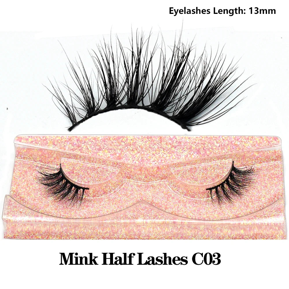 3D Mink Fluffy Half False Eyelashes Natural Soft Lightweight Clear Band Half Eye Strip Lashes Reusable Short Eyelashes Extension
