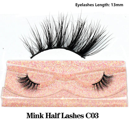3D Mink Fluffy Half False Eyelashes Natural Soft Lightweight Clear Band Half Eye Strip Lashes Reusable Short Eyelashes Extension