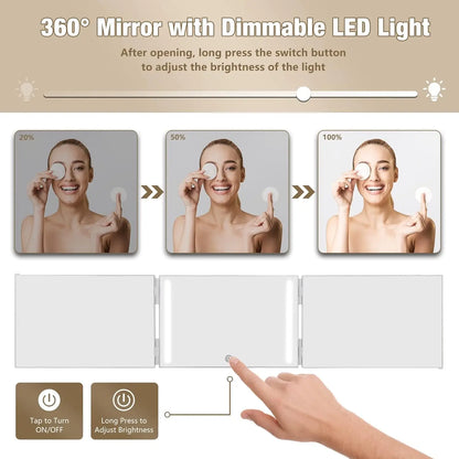 3 Way LED Makeup Mirror for Self Hair Cutting Rechargeable 360° DIY Self Haircut Mirror with Lights and Height Adjustable Hooks