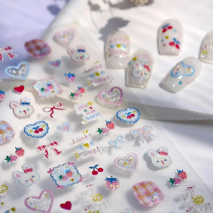 Cute Juicy Red Cherry Bowknot 5D Nail Art Stickers Lovely Shiny Crystal Rhinestone Self Adhesive Decoration Manicure Decal DIY