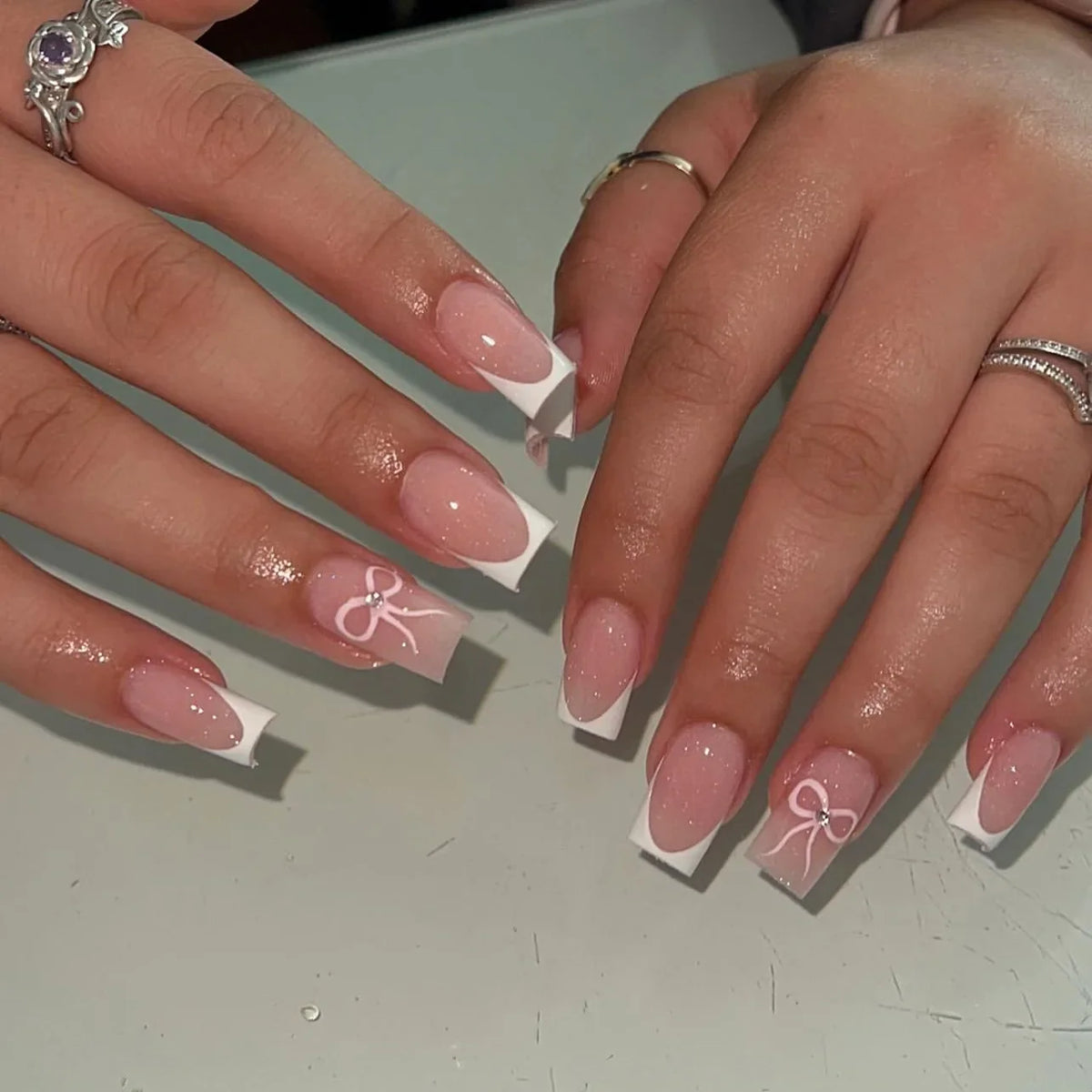 24Pcs Simple Square Head Fake Nail with Jelly Glue Pink White Gradient French Press on False Nails Short Full Cover Nail Tips