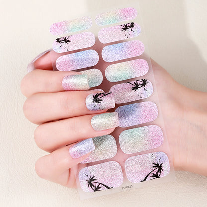 16Tips Full Cover Baking-Free Nail Polish Strips Summer Beach Coconut Tree Self-Adhesive DIY Nail Stickers Manicure Decoration
