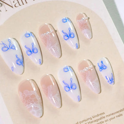 24pcs Sweet False Nail Patches Detachable Fake Nail Tips With Bowknots Love Heart Pearl Design Pink Almond Korean Press On Nail