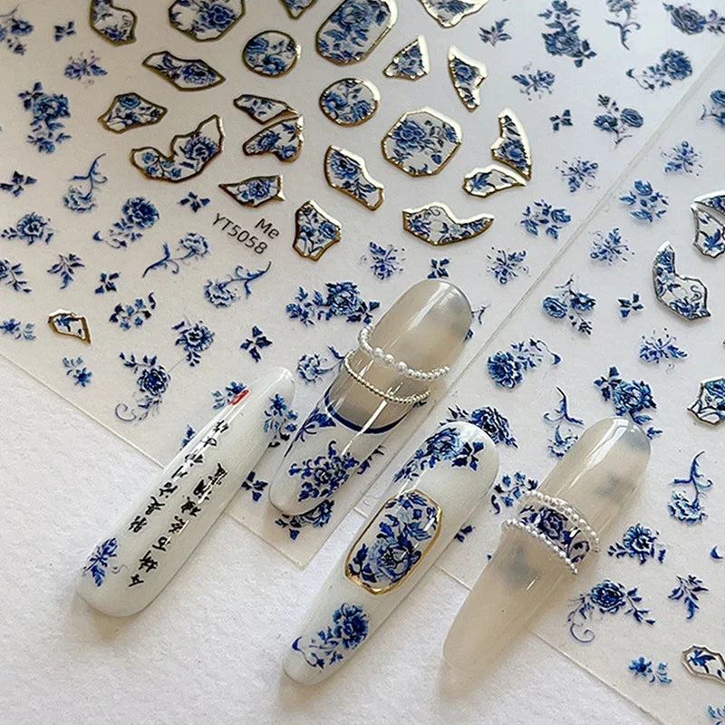 Blue White Porcelain Chinese Style Sticker 3D Self Adhesive Nail Art Sticker Flower Silverback Adhesive Manicure Decal Salon DIY