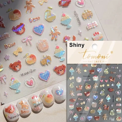 1pcs 5D Japanese Kawaii Bear Nail Art Stickers Brown Cartoon Animals Self-Adhesive Nail Decoration Decals DIY Slider Accessories