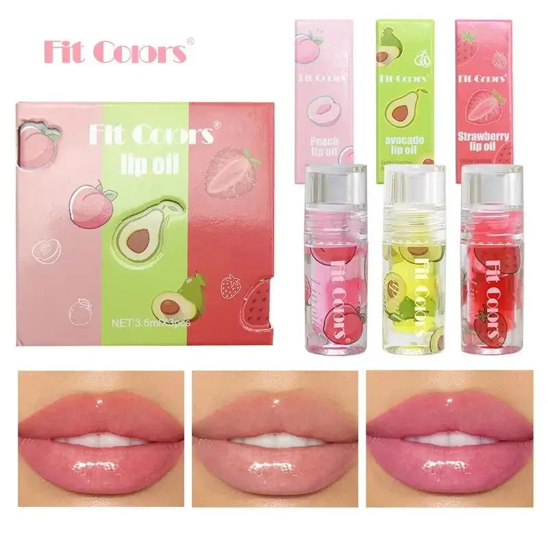 Hydrating Transparent Lip Gloss 3 Piece Set Fruit Scented Lip Oil with Avocado Strawberry and Peach for Soft Smooth Lips