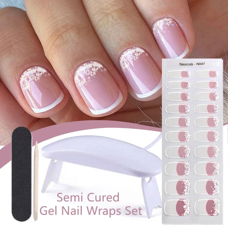 Harunouta 4pcs/set Gradient Jelly Semi Cured Gel Nail Strips with Nail Lamp Nude Pink Waterproof Nail Stickers Long Lasting Wrap