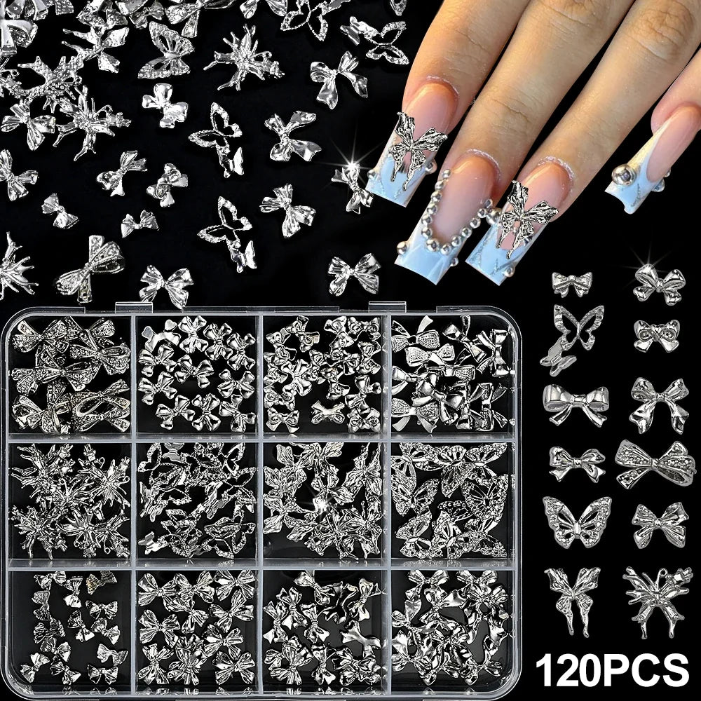 120pcs/box 3D Gold Bow Butterfly Nail Metal Charms Shiny Cute Bowtie/Diamond Star Nail Jewelry 120 Luxury Nail Art Supplies #RE4