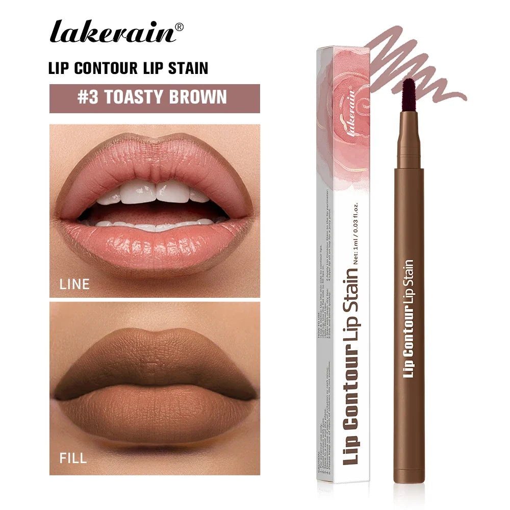 2-in-1 Lip Contour Lip Stain Pen Smudge-proof Non-stick Cup Moisturizing Lip Makeup Cosmetic Dual-Sided Tip Lip Stain & Liner