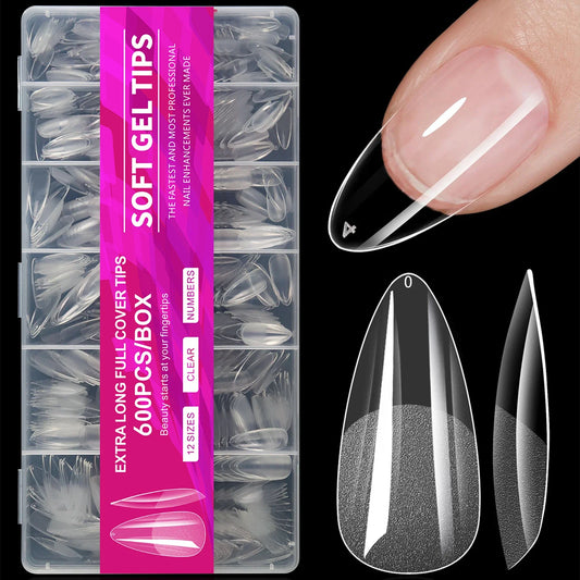 100/600Pcs Short Almond Nail Tips Soft Gel Nail Tips Full Cover False Nail Tips For Acrylic Nails  Salon Home Press On Nails