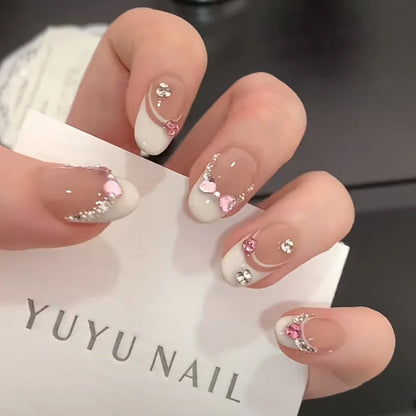 10Pcs White French Pink Heart Diamond Manicure Art Gentle Sweet Short Oval Artificial Wearing Nails Patch Full Cover Press Ons
