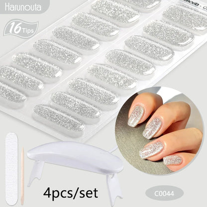 Harunouta 4pcs/set Gradient Jelly Semi Cured Gel Nail Strips with Nail Lamp Nude Pink Waterproof Nail Stickers Long Lasting Wrap