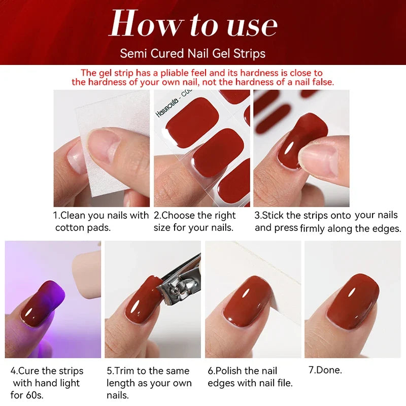 Harunouta 16strips Gradient Red Marble Gold Line Semi Cured Gel Nail Strips DIY Gel Polish Stickers for Nails Work with UV/LED