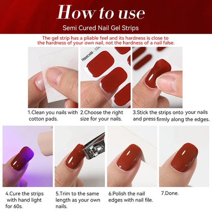 Harunouta 16strips Gradient Red Marble Gold Line Semi Cured Gel Nail Strips DIY Gel Polish Stickers for Nails Work with UV/LED