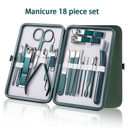 Green 6-18 Pcs Manicure Set With Leather Case Professional Foot And Face Care Tool Kits Stainless Steel Nail Clipper Sets Gift