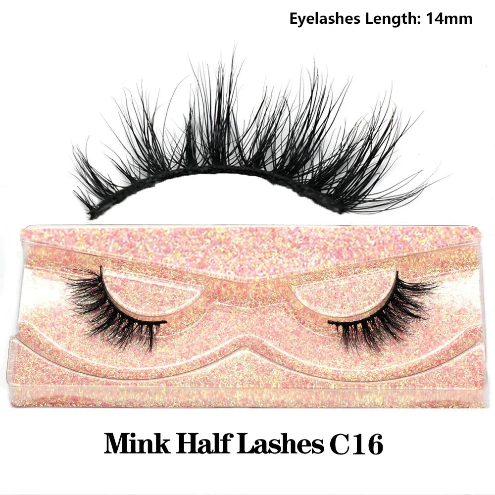 3D Mink Fluffy Half False Eyelashes Natural Soft Lightweight Clear Band Half Eye Strip Lashes Reusable Short Eyelashes Extension