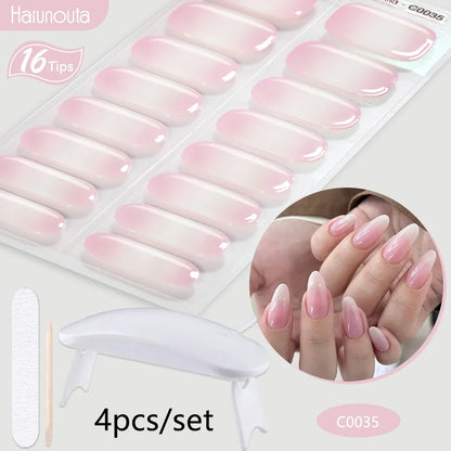 Harunouta 4pcs/set Gradient Jelly Semi Cured Gel Nail Strips with Nail Lamp Nude Pink Waterproof Nail Stickers Long Lasting Wrap