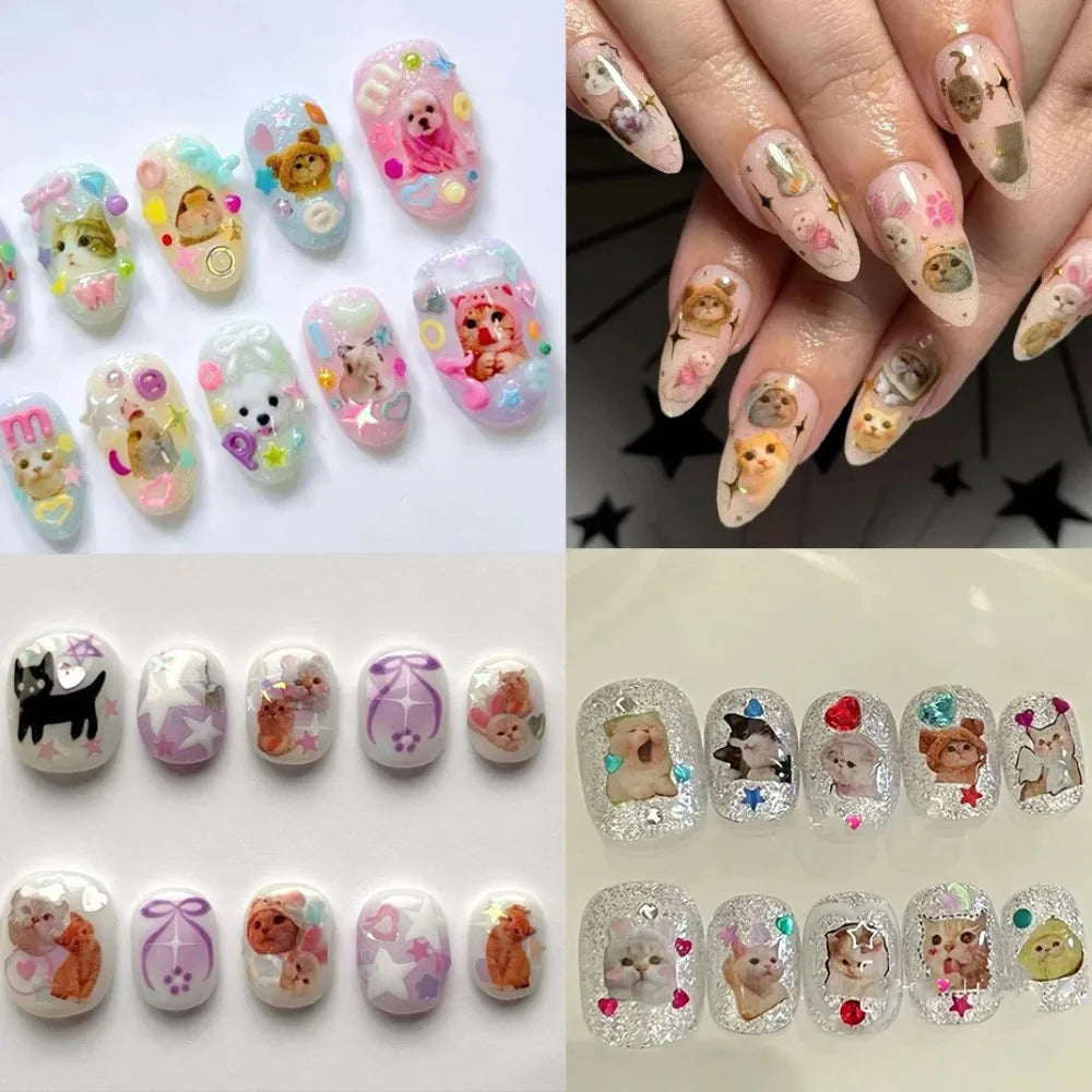 Lovely Dog Cat Animal Bunny 3D Korean Cartoon Scrawl Relief Self Adhesive Nail Art Stickers Cute Pretty Puppy Kitty Star Manicur