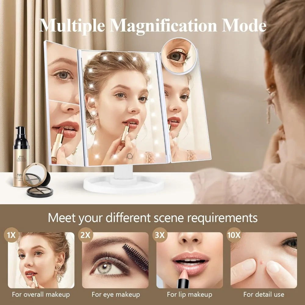Vanity Makeup Mirror with Light 2X/3X/10X Magnification Lighted Cosmetic Mirror Touch Control Trifold Dual Power Supply Portable