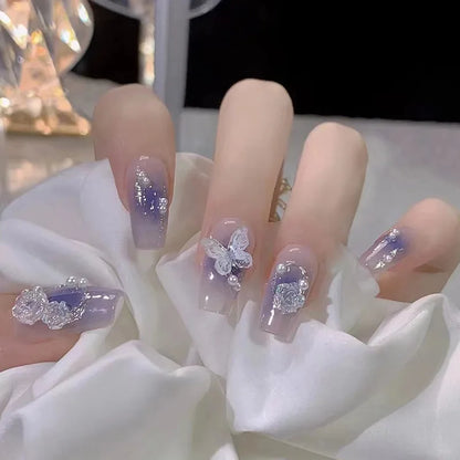 24Pcs Pink Cat Blue Love Cute Short Ballet Press on False Nails Sweet French Cat Eye Bow Star Designs Style Detachable Nails Set