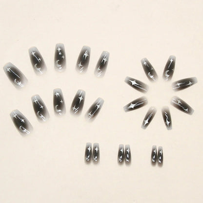 24pcs Y2k Star Press On Nails Gradient Black Mid-length Coffin False Nail Tips Full Cover Moon Designs Fake Nail For Cool Girls
