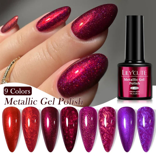 LILYCUTE 7ml Metallic Red Gel Nail Polish Winter Bright Chrome Glitter Mirror Enamel Gel Semi Permanent UV Soak Off Nail Art
