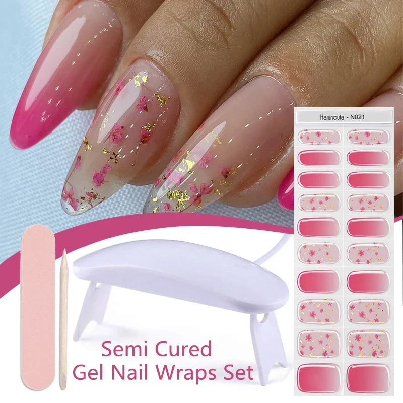 Harunouta 4pcs/set Gradient Jelly Semi Cured Gel Nail Strips with Nail Lamp Nude Pink Waterproof Nail Stickers Long Lasting Wrap