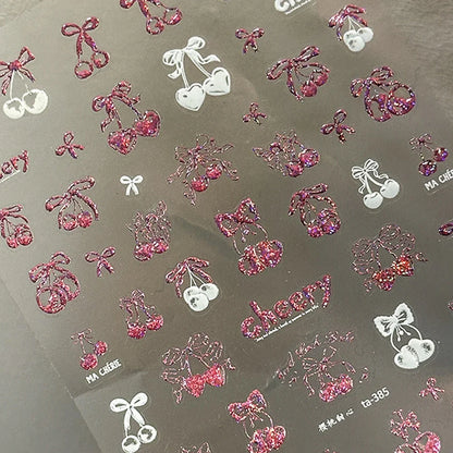 Cute Juicy Red Cherry Bowknot 5D Nail Art Stickers Lovely Shiny Crystal Rhinestone Self Adhesive Decoration Manicure Decal DIY