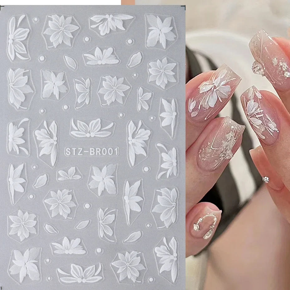 3D White Flower Nail Art Stickers Cute Floral Adhesive Sliders Acrylic Decoration Decals DIY Nail Charms Adhesive Accessories