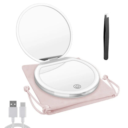 Compact Mirror with Light, 1X/3X Magnification LED Pocket Mirror with USB Data Cable, Pink Mini Mirror for Purse, Pocket,Travel
