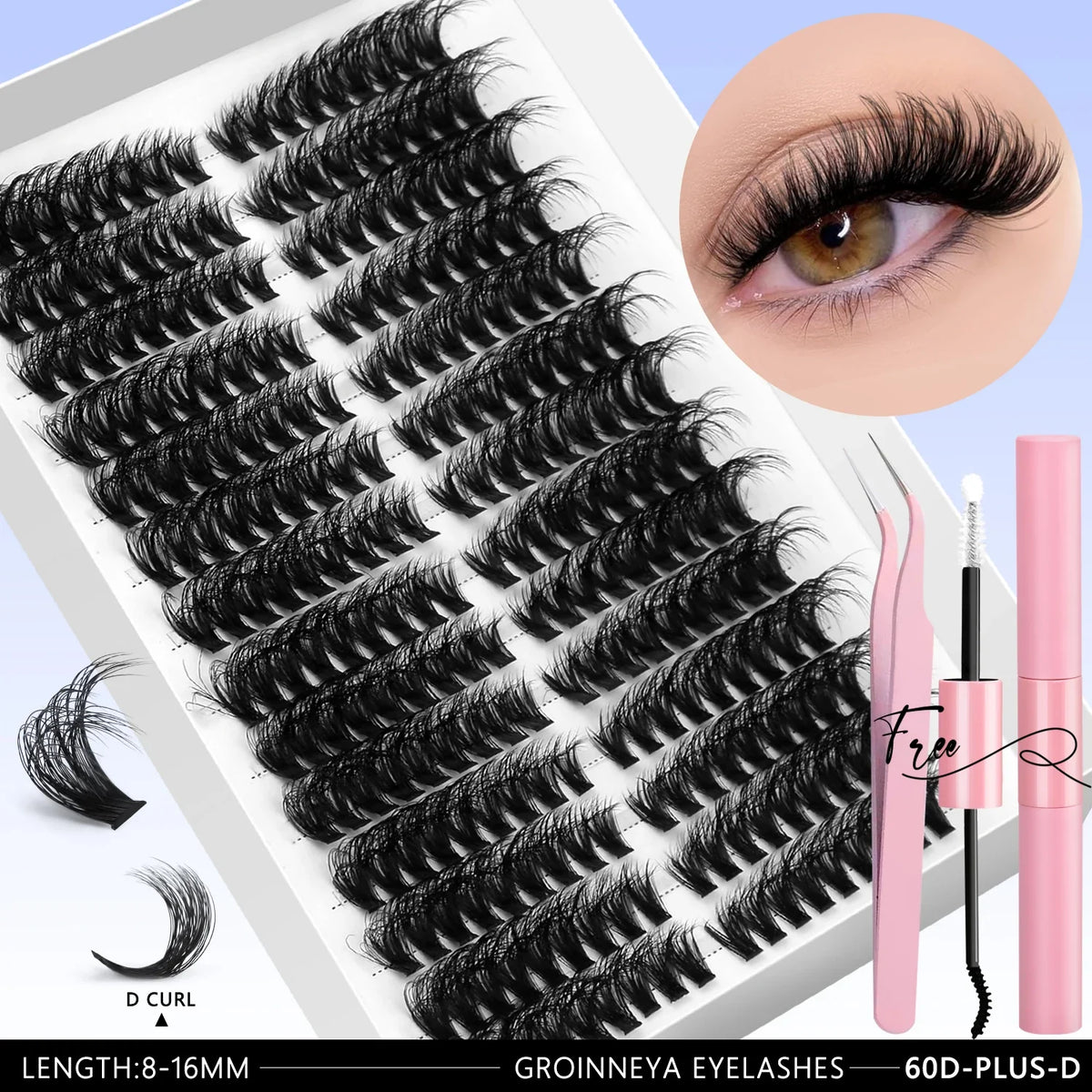 GROINNEYA DIY Eyelash Extension Kit Lashes Clusters Set Mix Eyelashes Full Set With Lash Bond&Seal and Eyelash Tweezers Makeup