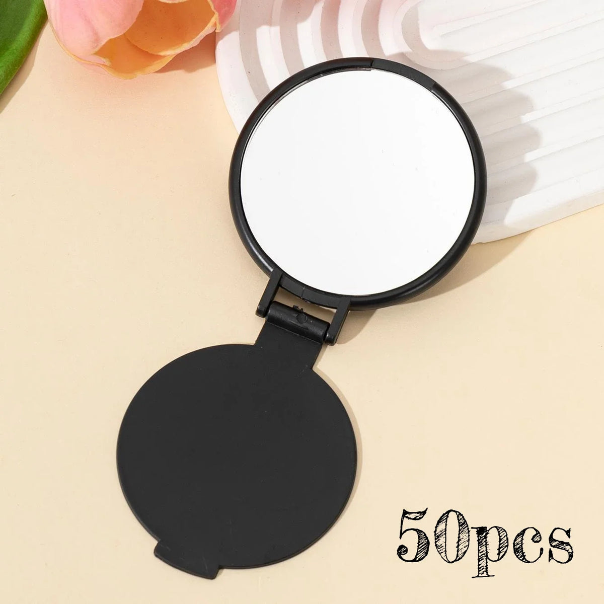 50pcs Mini Foldable Round Makeup Mirror - Portable Compact Travel Mirror for Women, Polished Glass Surface,Floor Mount
