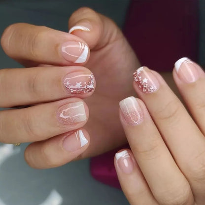 24pcs Sweet Cool False Nails Gradient French Fake Nail Tips with Purple Flowers Design Short Square Press on Nails Colorful Nail
