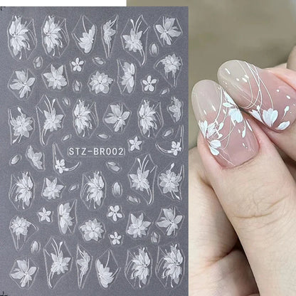 3D White Flower Nail Art Stickers Cute Floral Adhesive Sliders Acrylic Decoration Decals DIY Nail Charms Adhesive Accessories