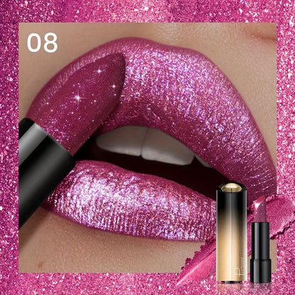 Metallic Shimmer Lipstick, Pearly Glitter Shine, Creamy Texture, High Color Payoff, Smooth Apply, Party Makeup