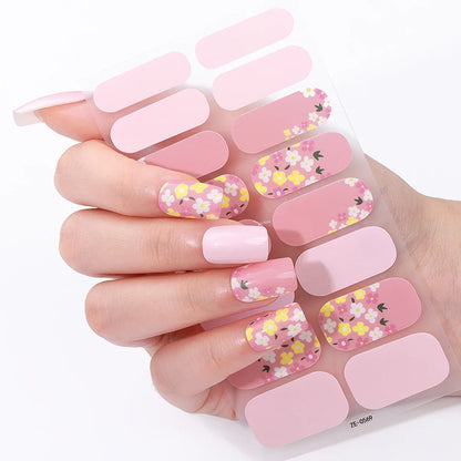 16tips DIY Baking-Free Nail Stickers Spring Summer Flowers Adhesive Nail Strips Patch Slider Full Cover Nail Decoration Decal